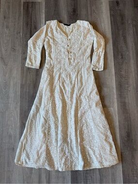 Indian Chikankari Style Embroidered Kurta Dress XS White Boho Ethnic